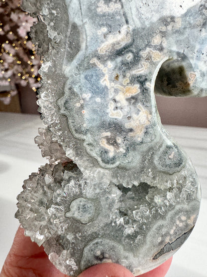 Green Amethyst Druzy Seahorse with Natural Stalactites
