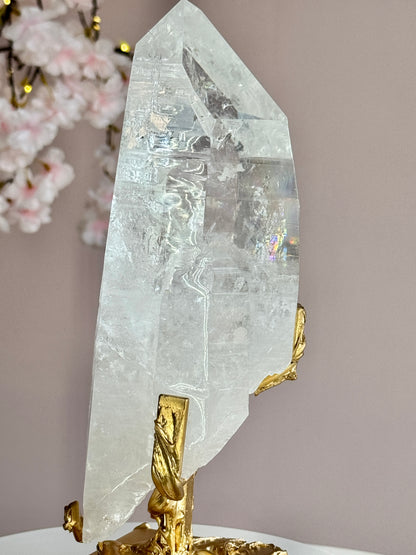 Lemurian Quartz Statement on Sculptural Gold Stand