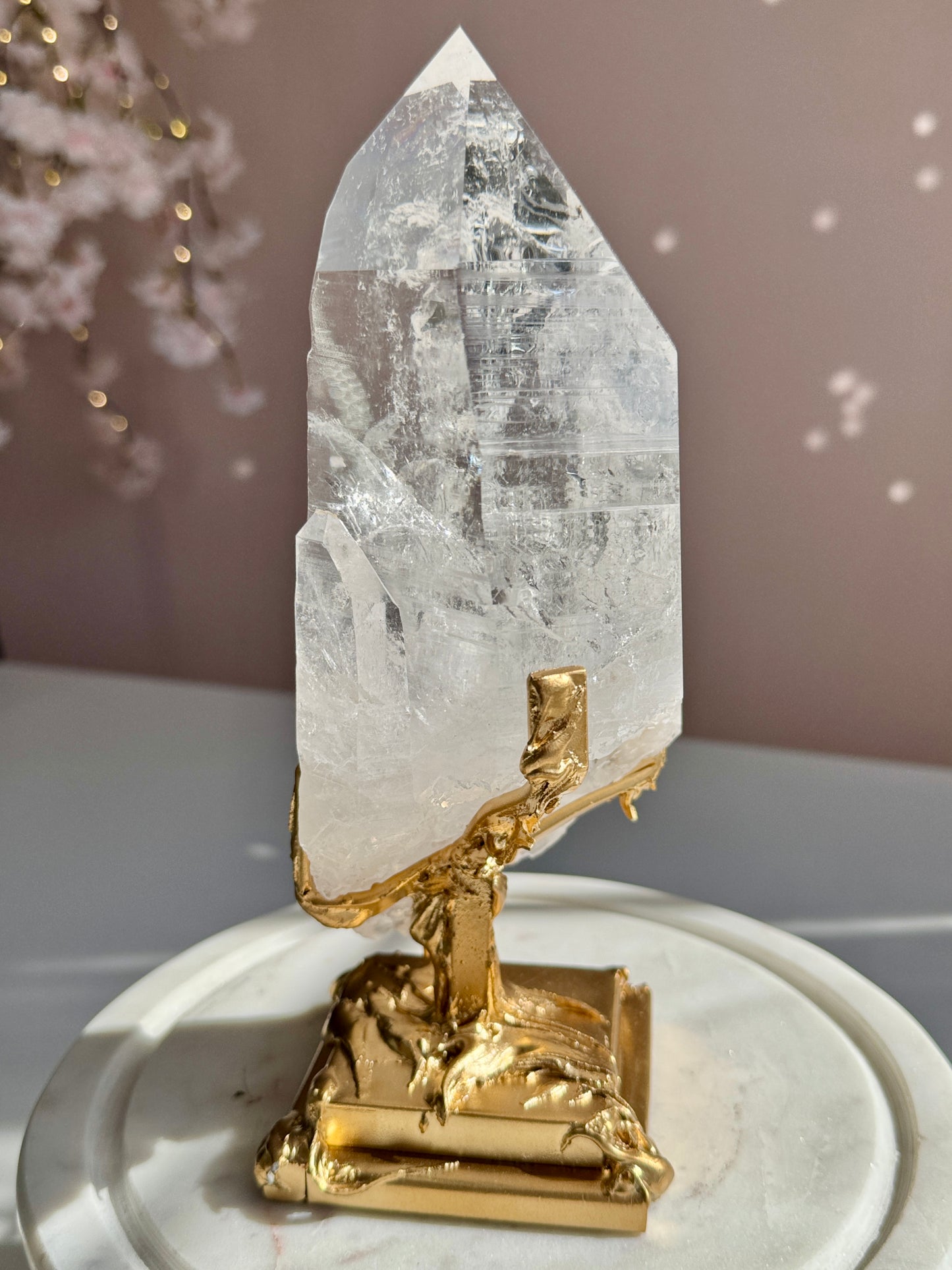 Lemurian Quartz Statement on Sculptural Gold Stand