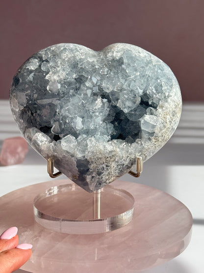 Celestite Heart Crystal | Sparkling Blue Celestite Heart on Stand
