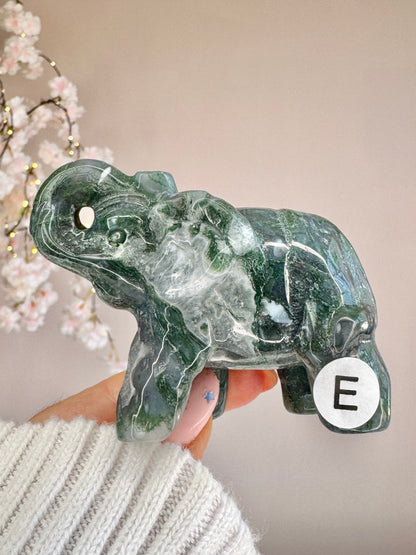 Hand Carved Moss Agate Elephant | Crystal Figurine | Choose Your Piece (A–K)