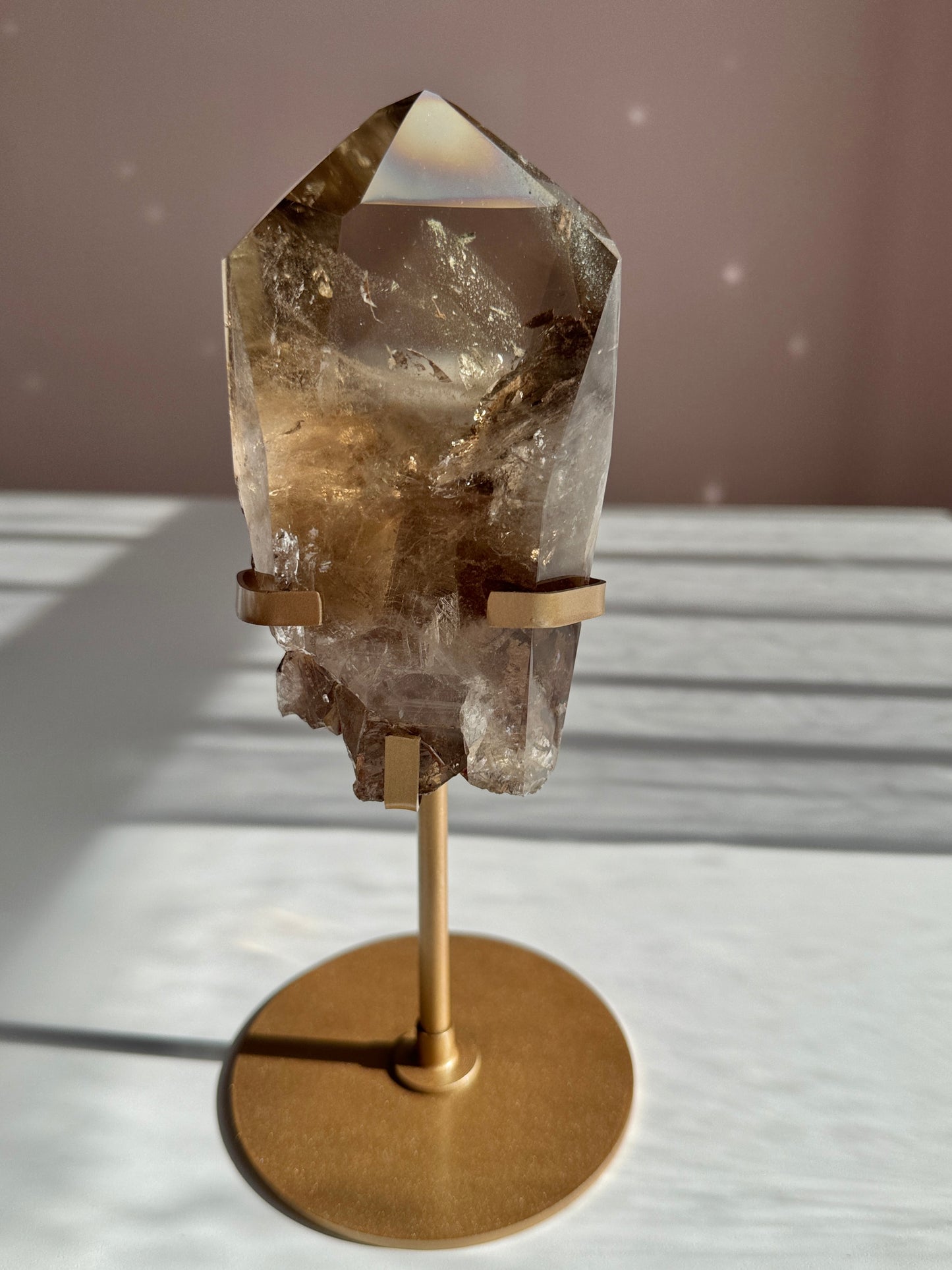 Rare Double Phantom Smoky Quartz Point with Rainbow on Gold Stand