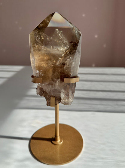 Rare Double Phantom Smoky Quartz Point with Rainbow on Gold Stand