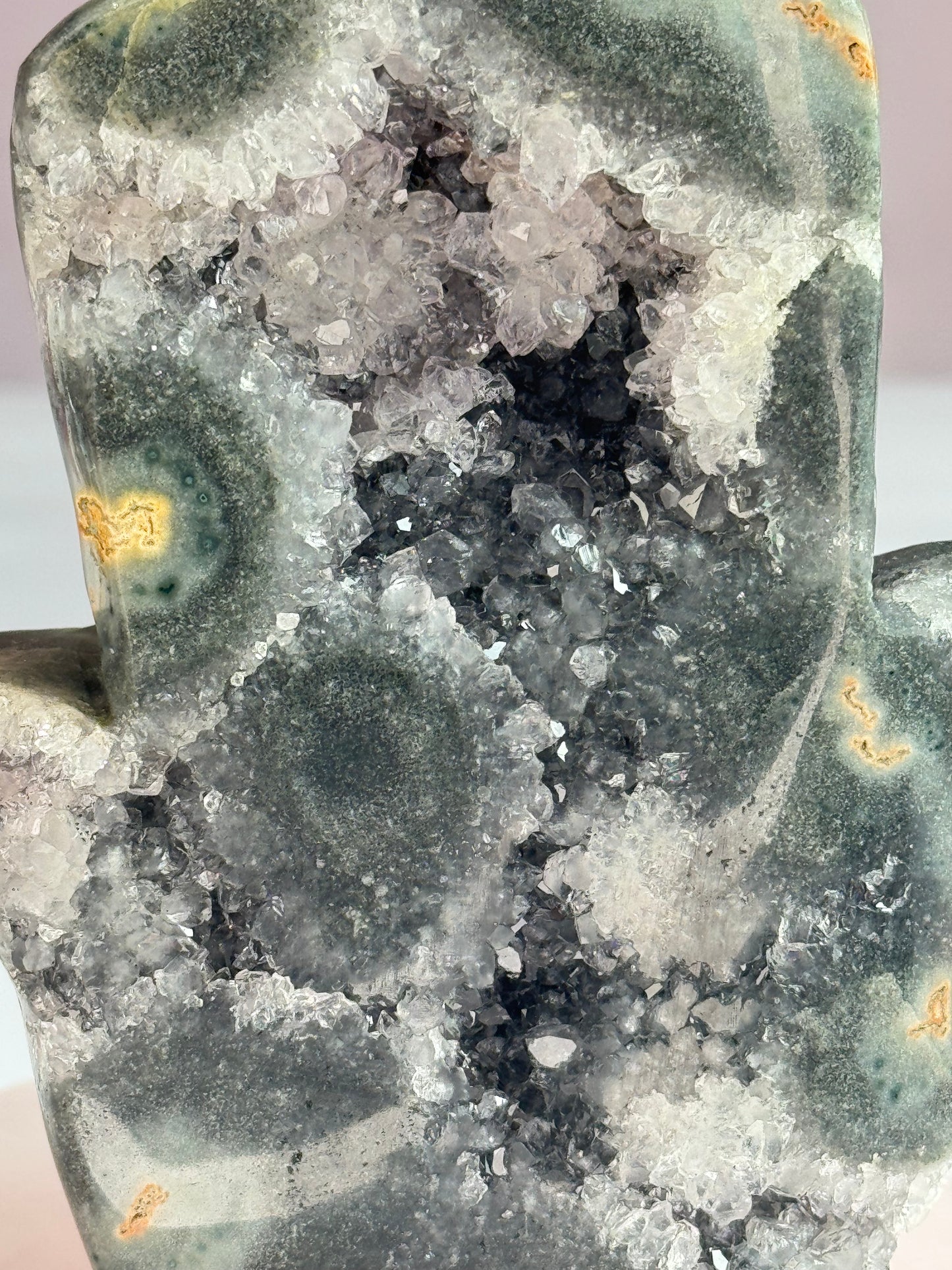 Natural Uruguay Green Amethyst Hamsa with Sparkling Druzy Quartz