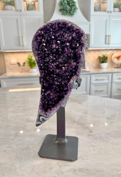 Natural Uruguay Amethyst Angel Wing on Custom Stand | Deep Purple Druzy Statement Crystal | 13" Tall | 6.6 lb