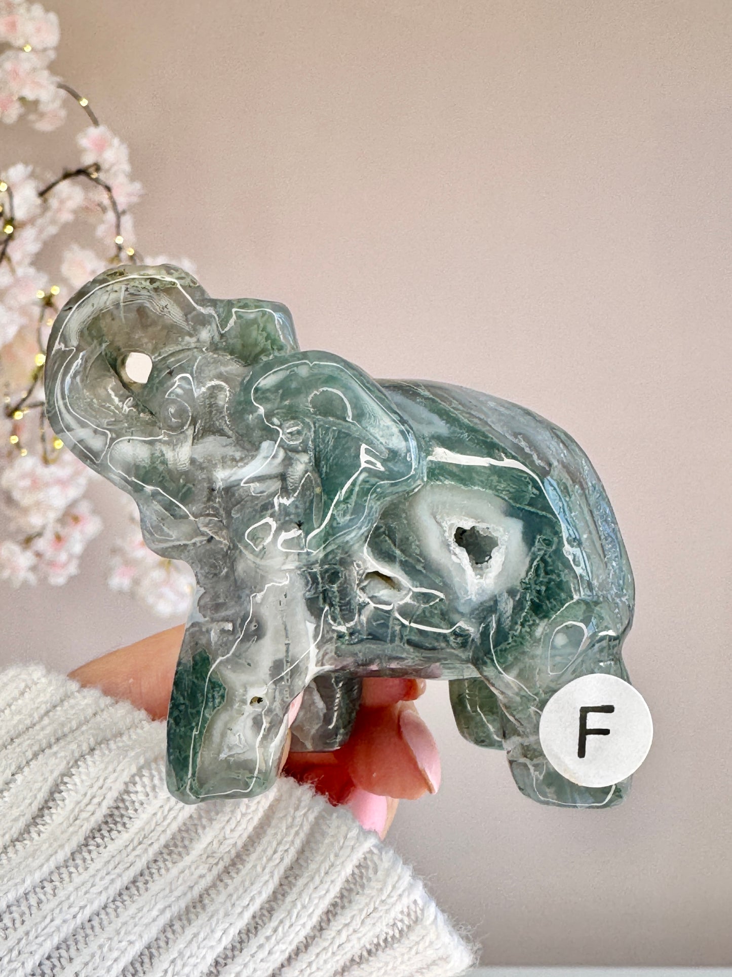 Hand Carved Moss Agate Elephant | Crystal Figurine | Choose Your Piece (A–K)