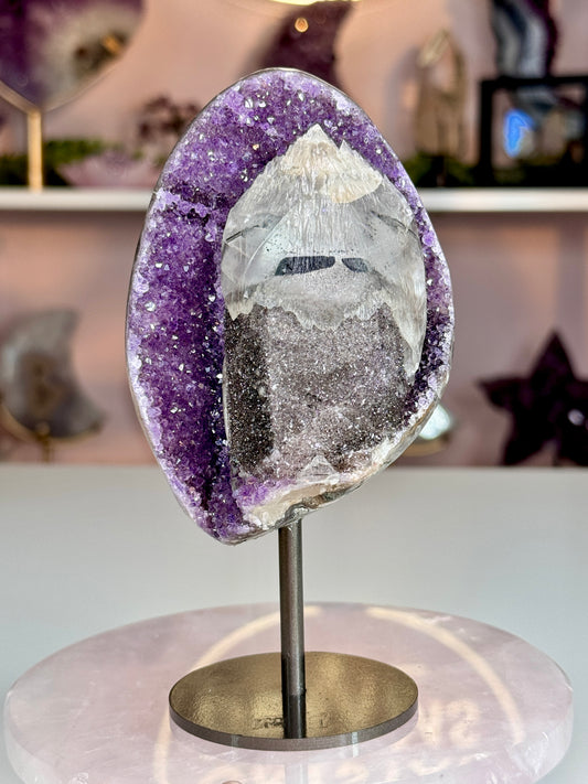 Uruguay Amethyst with Calcite, Black Tourmaline & Hematite Druzy | Custom Stand