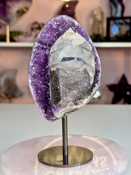 Uruguay Amethyst with Calcite, Black Tourmaline & Hematite Druzy | Custom Stand