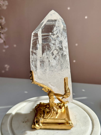 Lemurian Quartz Statement on Sculptural Gold Stand