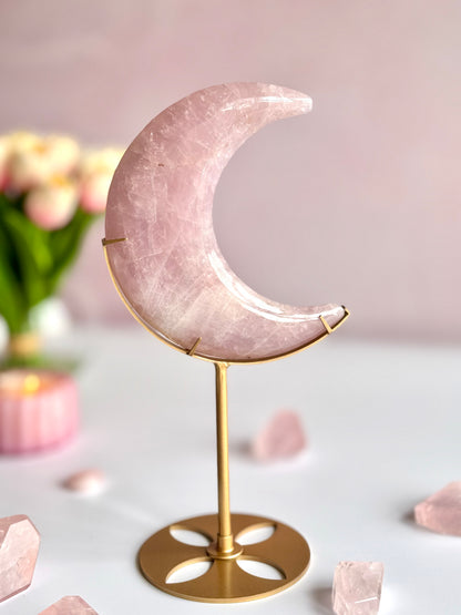 🌙💗 Bubblegum Pink Rose Quartz Moon on Stand-B