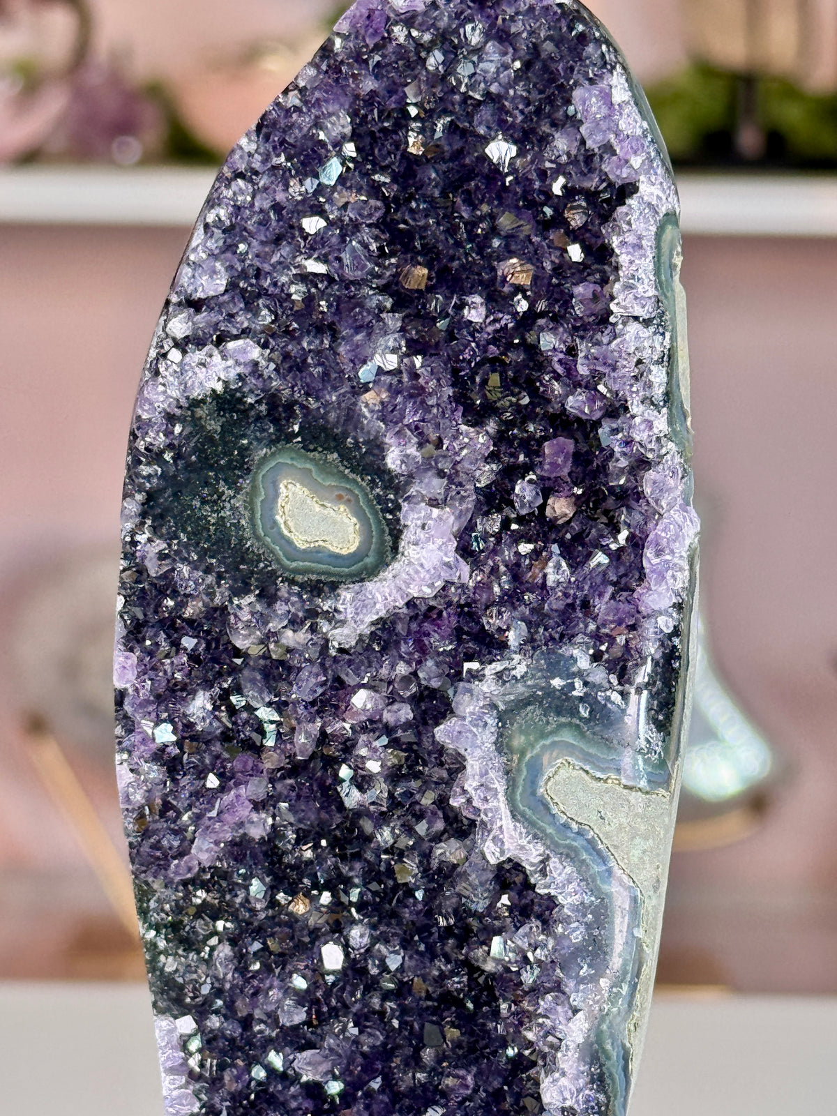 Uruguay Amethyst on Stand | Deep Purple Druzy with Agate Eyes