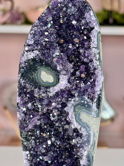 Uruguay Amethyst on Stand | Deep Purple Druzy with Agate Eyes