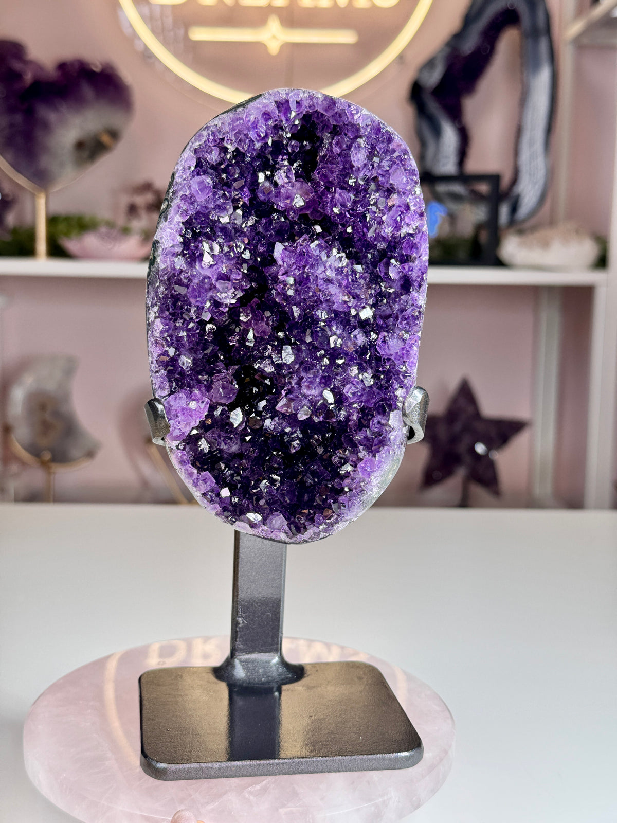Deep Grape Jelly Uruguay Amethyst Geode with Flower-Like Crystal Formations | Custom Stand