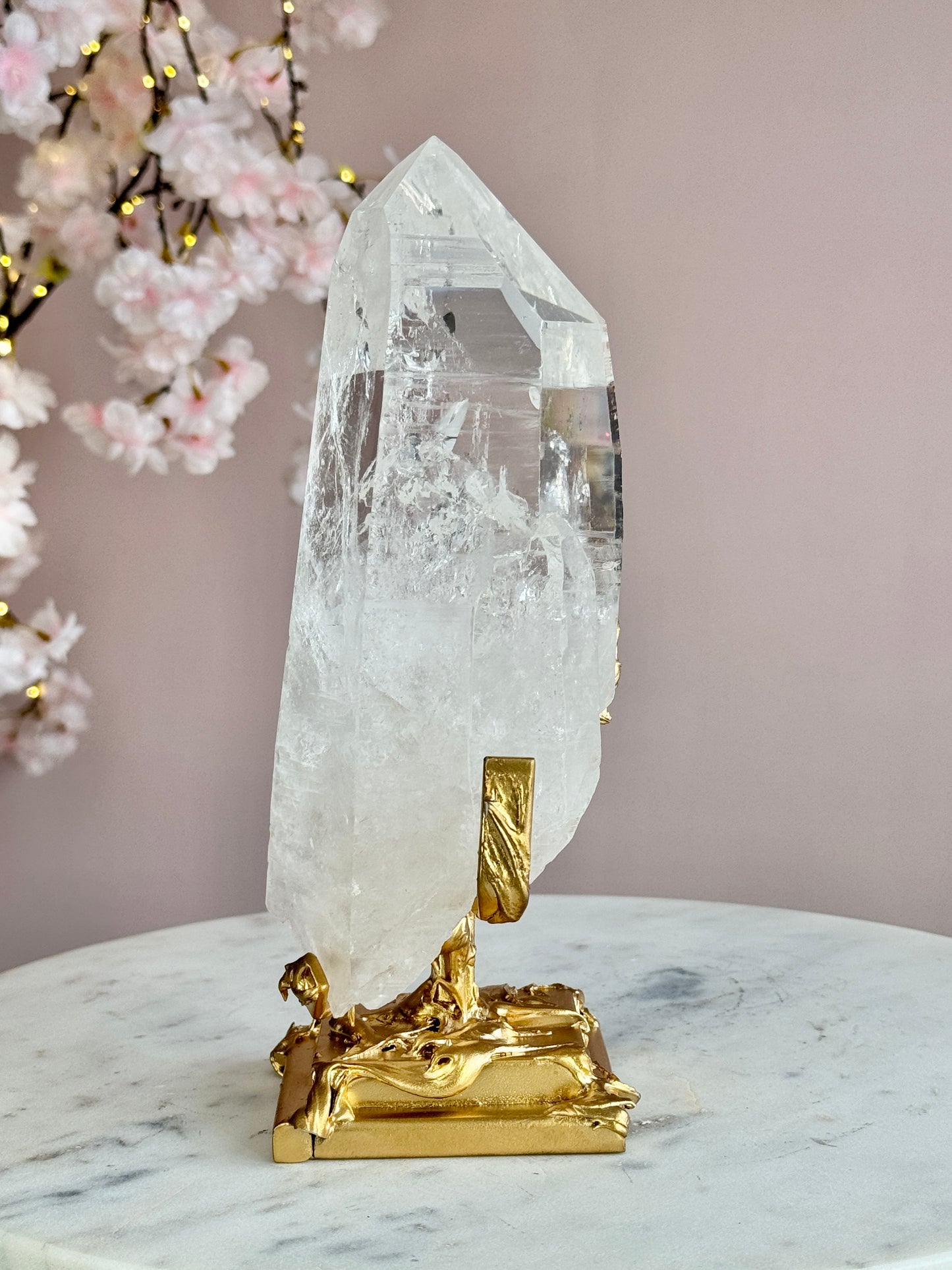 Lemurian Quartz Statement on Sculptural Gold Stand