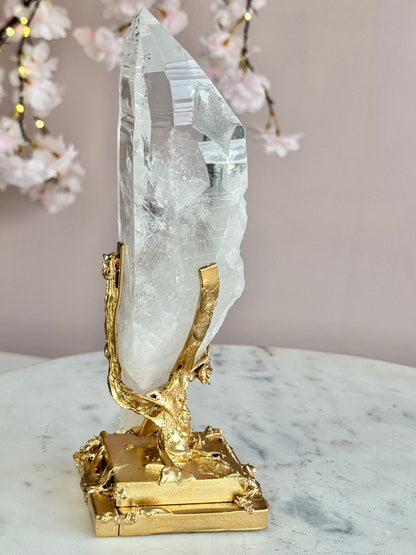 Lemurian Quartz with Black Tourmaline Inclusions  on Custom Gold Stand