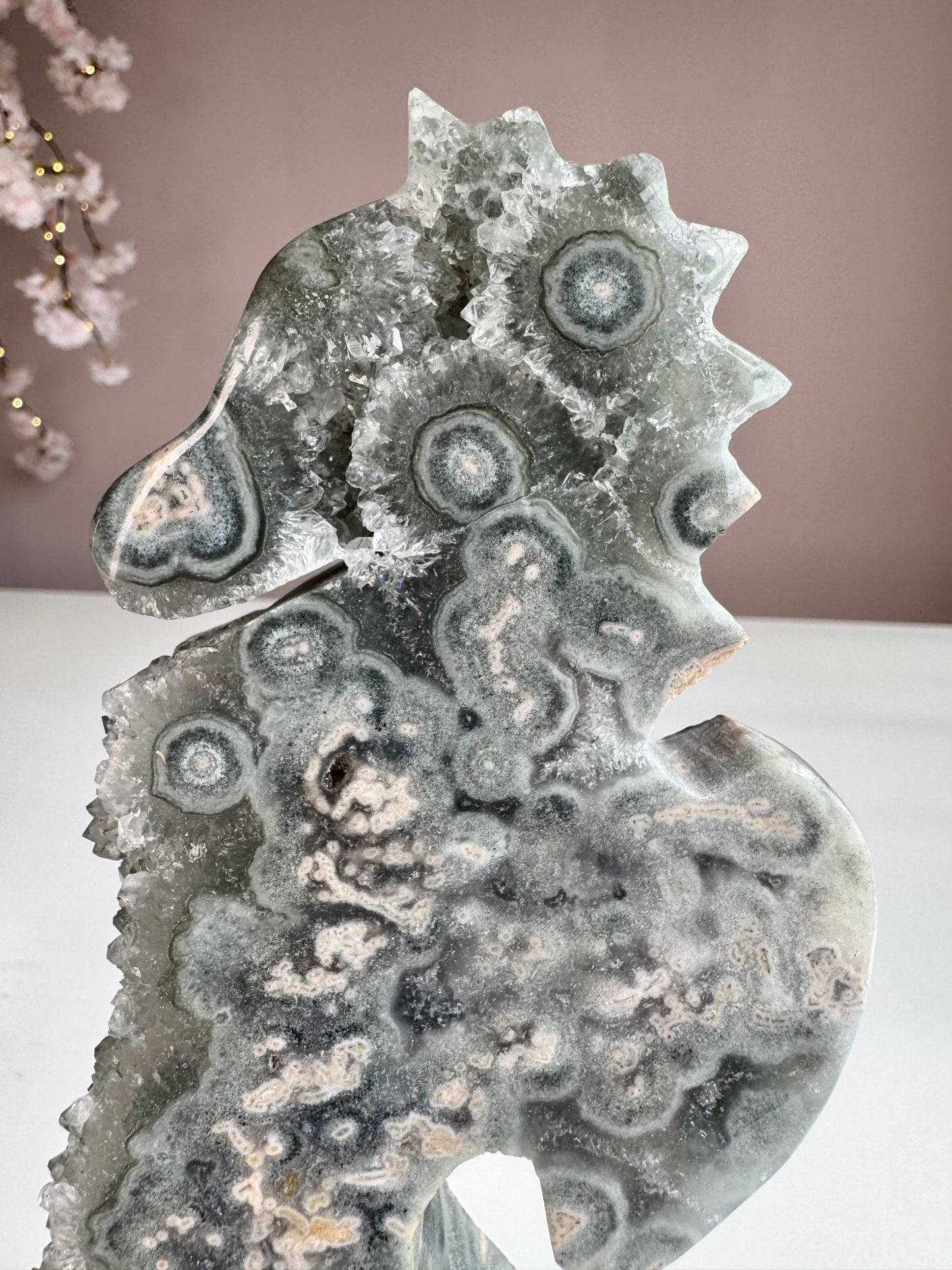 Green Amethyst Druzy Seahorse with Natural Stalactites