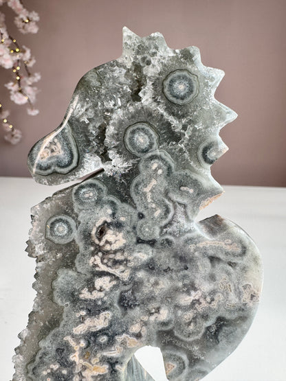 Green Amethyst Druzy Seahorse with Natural Stalactites