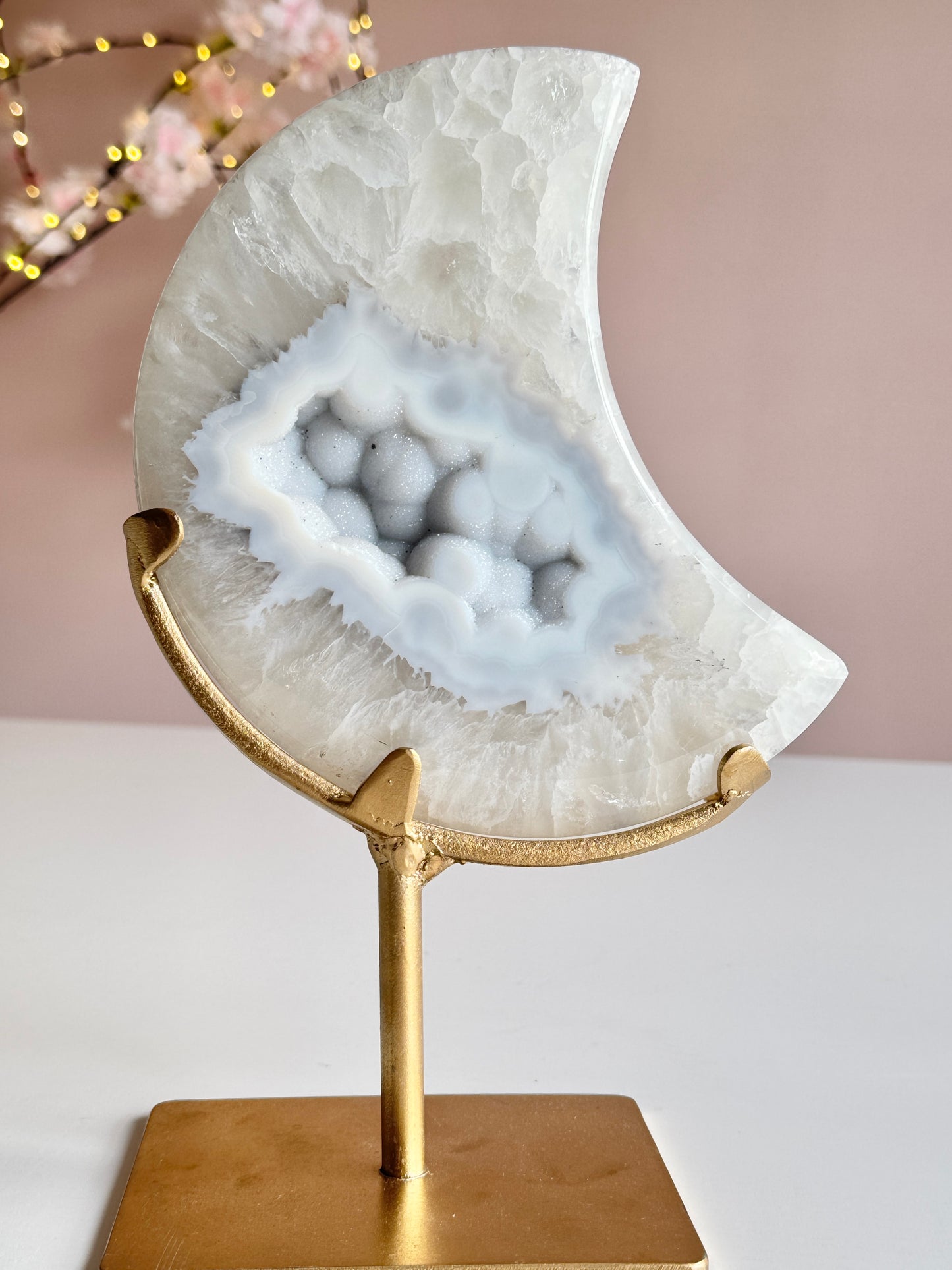 Beautiful Blue Sugar Druzy Agate Crescent Moon on Custom Gold Stand