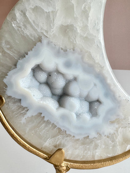 Beautiful Blue Sugar Druzy Agate Crescent Moon on Custom Gold Stand
