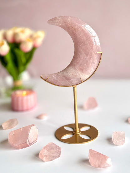 🌙💗 Bubblegum Pink Rose Quartz Moon on Stand-B
