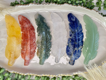 Hand Carved Crystal Feather | Natural Crystal Feather Carving | Rose Quartz, Sodalite, Moss Agate, Golden Healer