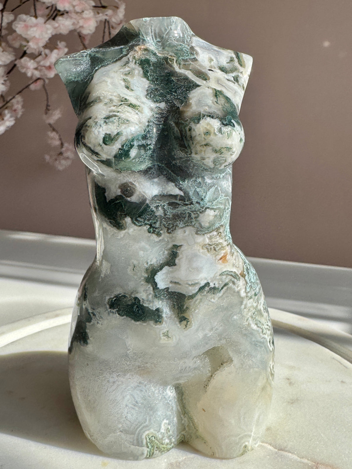 Large  Moss Agate Goddess Body Carving with Druzy | Divine Feminine Crystal Statue