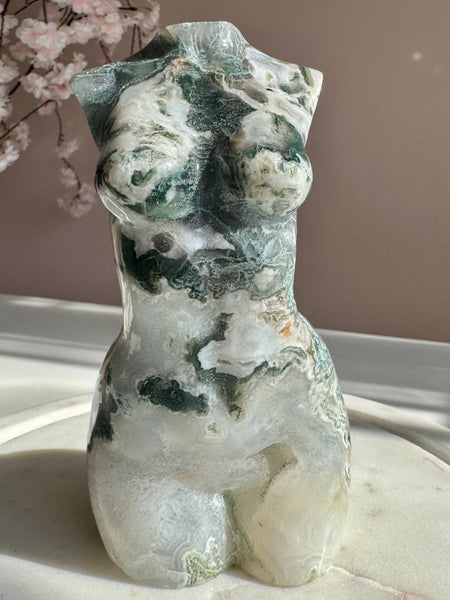 Large  Moss Agate Goddess Body Carving with Druzy | Divine Feminine Crystal Statue