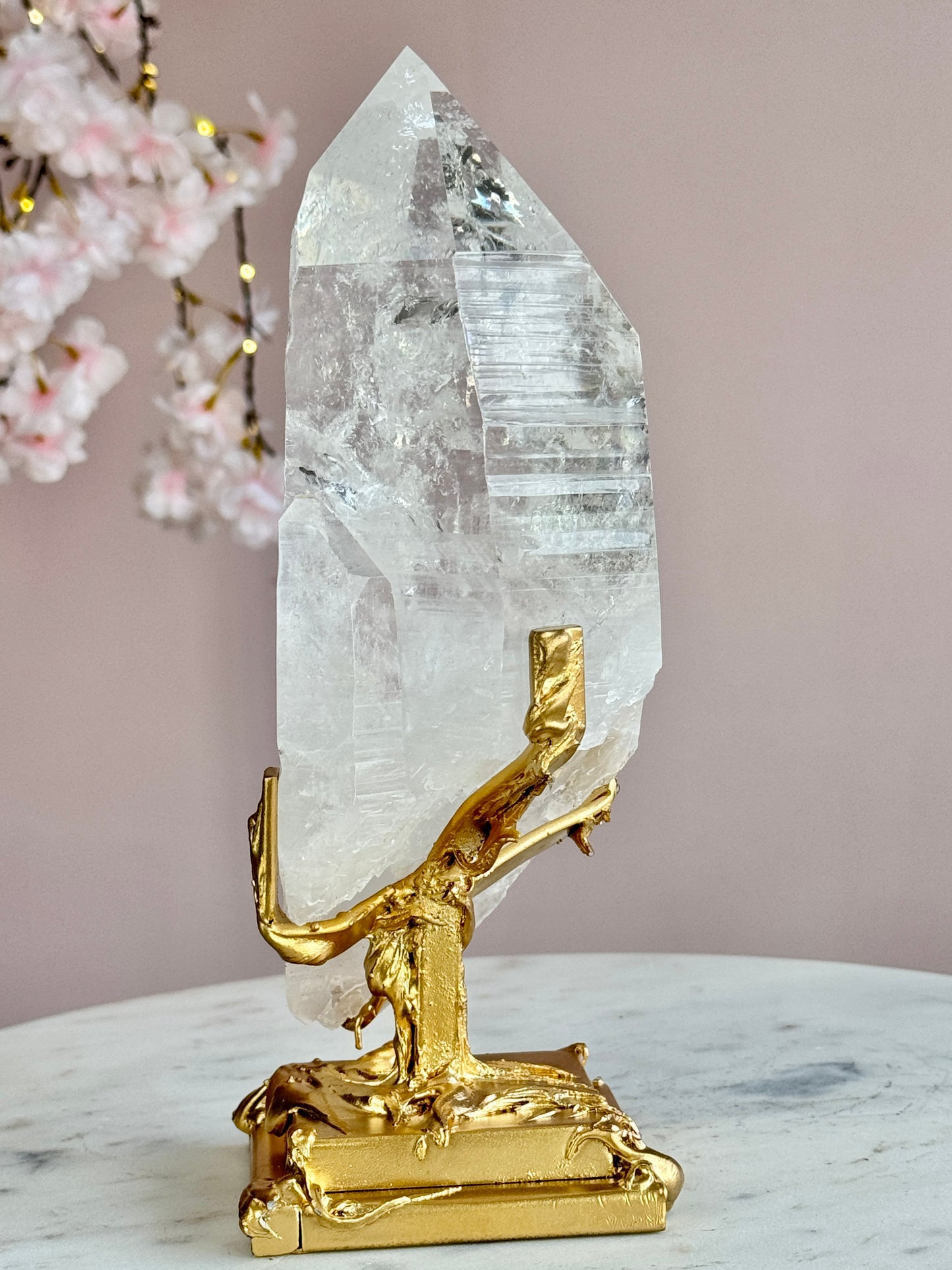 Lemurian Quartz Statement on Sculptural Gold Stand