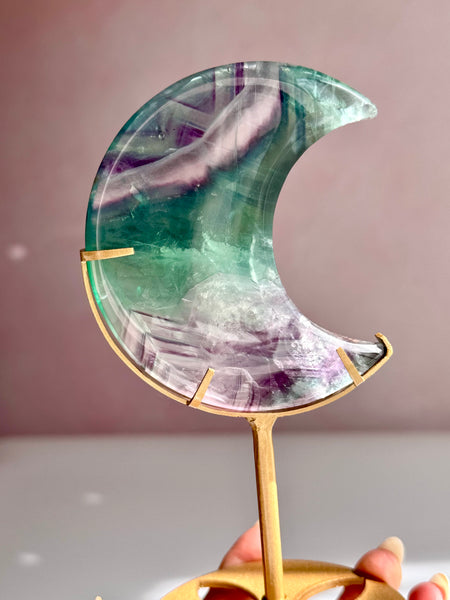 Dreamy Fluorite Moon on Custom Stand | Green & Purple Fluorite Crescent Moon