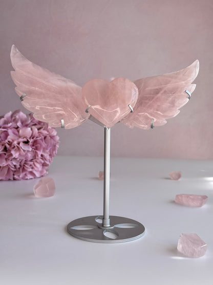 Rose Quartz Angel Wings with Heart on Stand