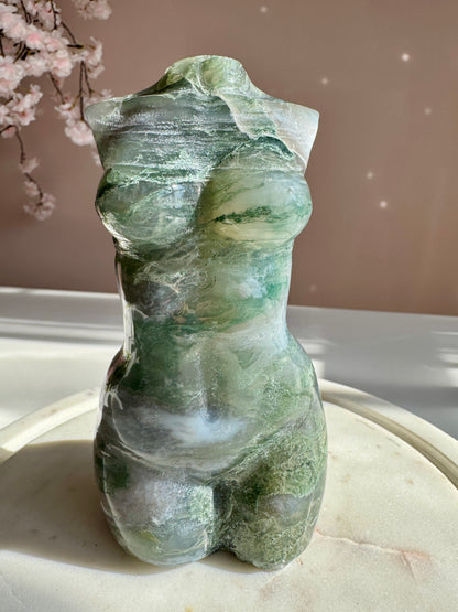 Natural Moss Agate Goddess Body Carving with Druzy | Divine Feminine Crystal Statue