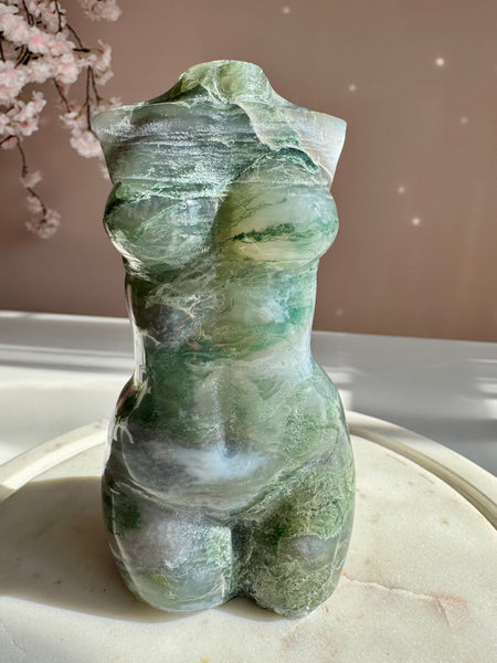 Natural Moss Agate Goddess Body Carving with Druzy | Divine Feminine Crystal Statue