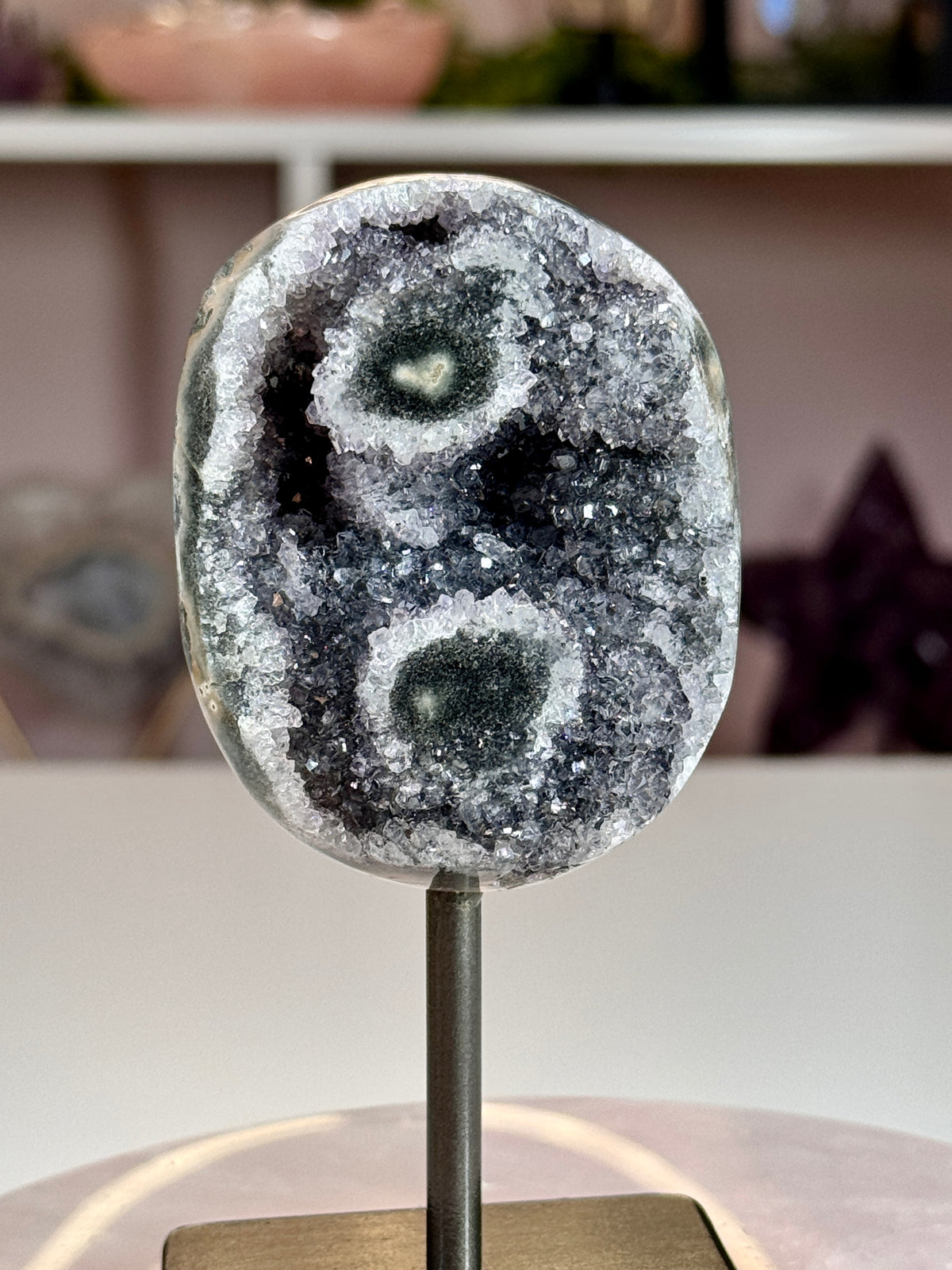 Uruguay Amethyst with Double Stalactite Eyes | Druzy Crystal on Stand