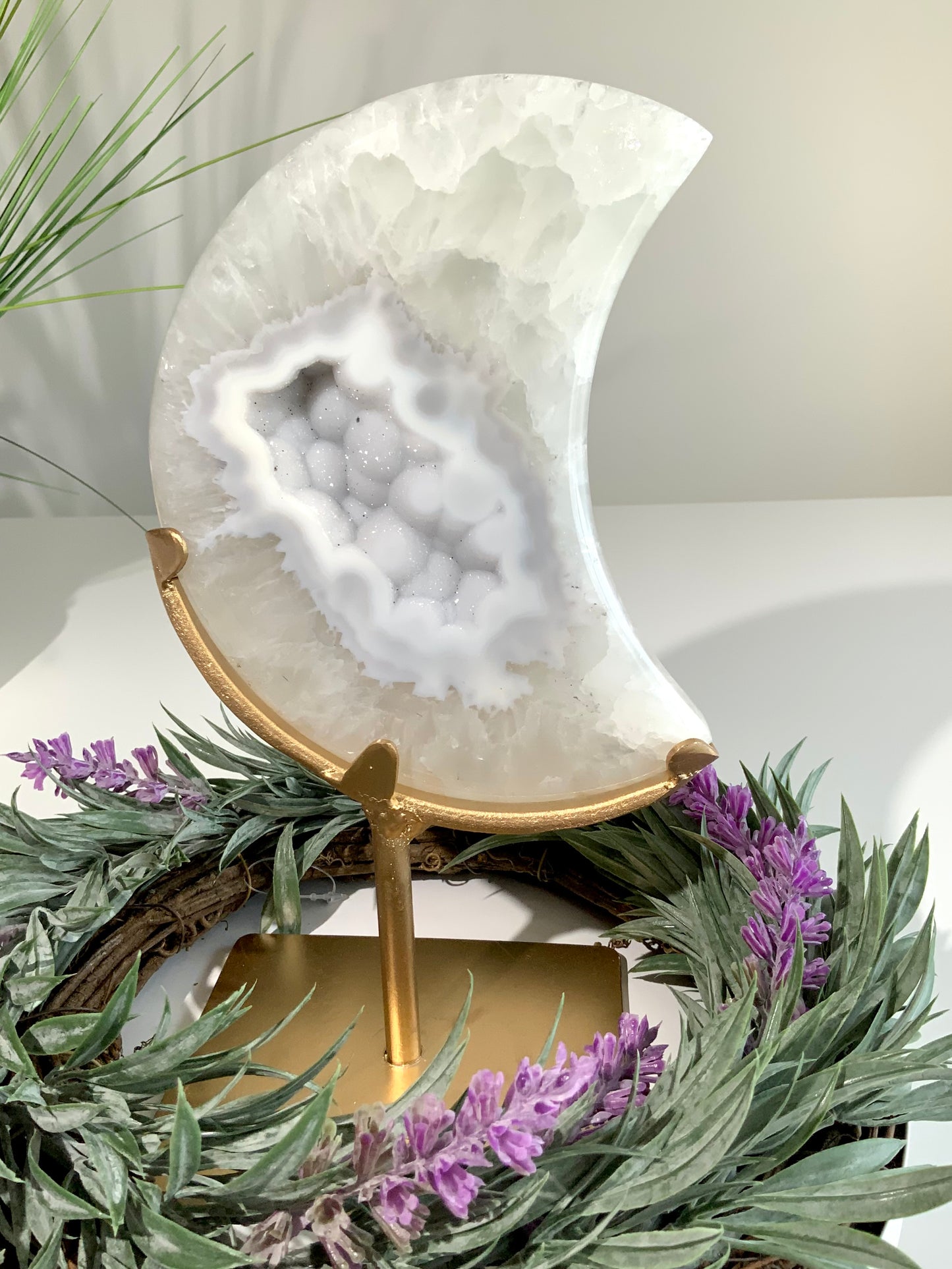 Pale Blue Sugar Druzy Agate Moon on Gold Stand-A