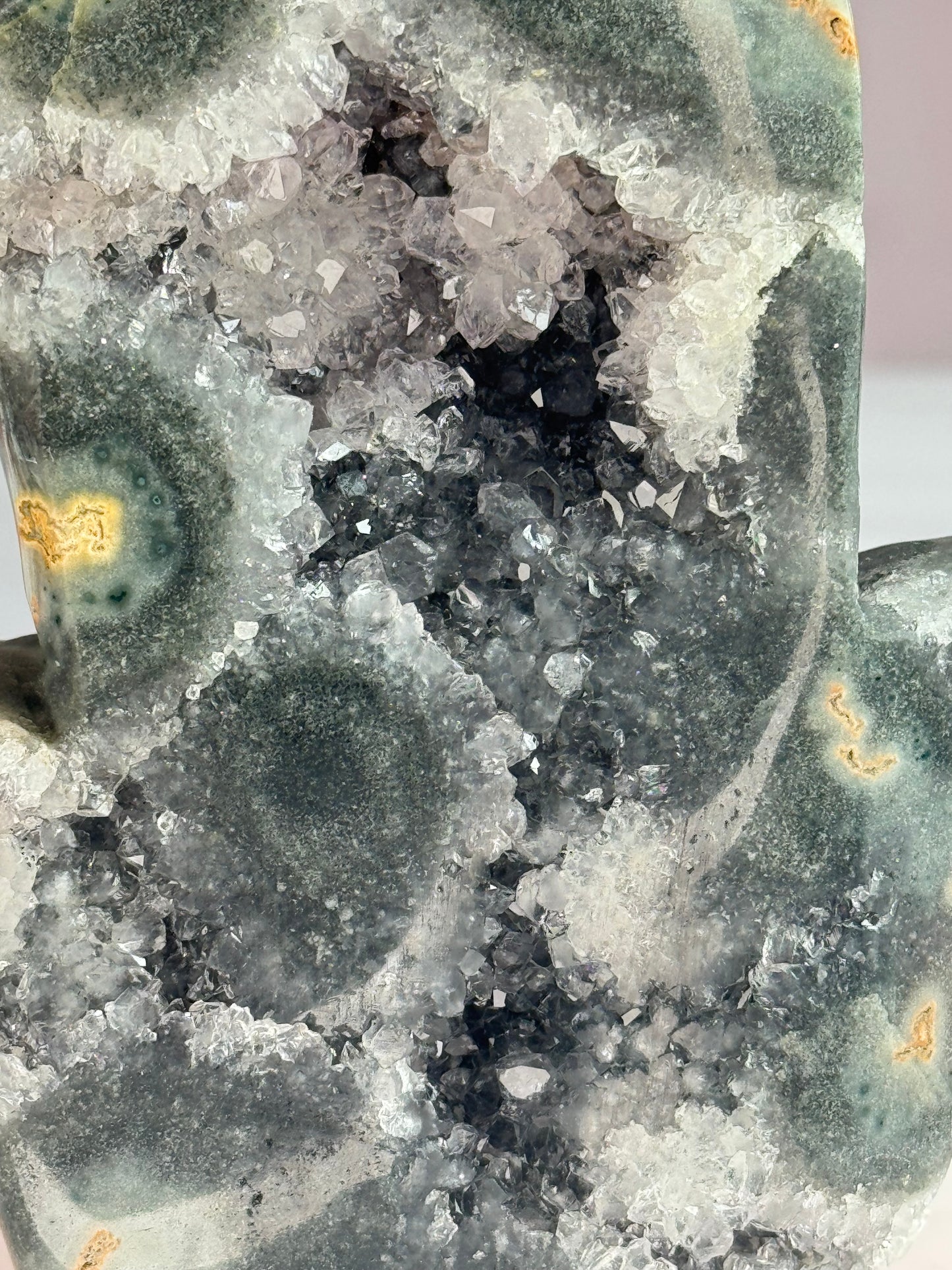 Natural Uruguay Green Amethyst Hamsa with Sparkling Druzy Quartz