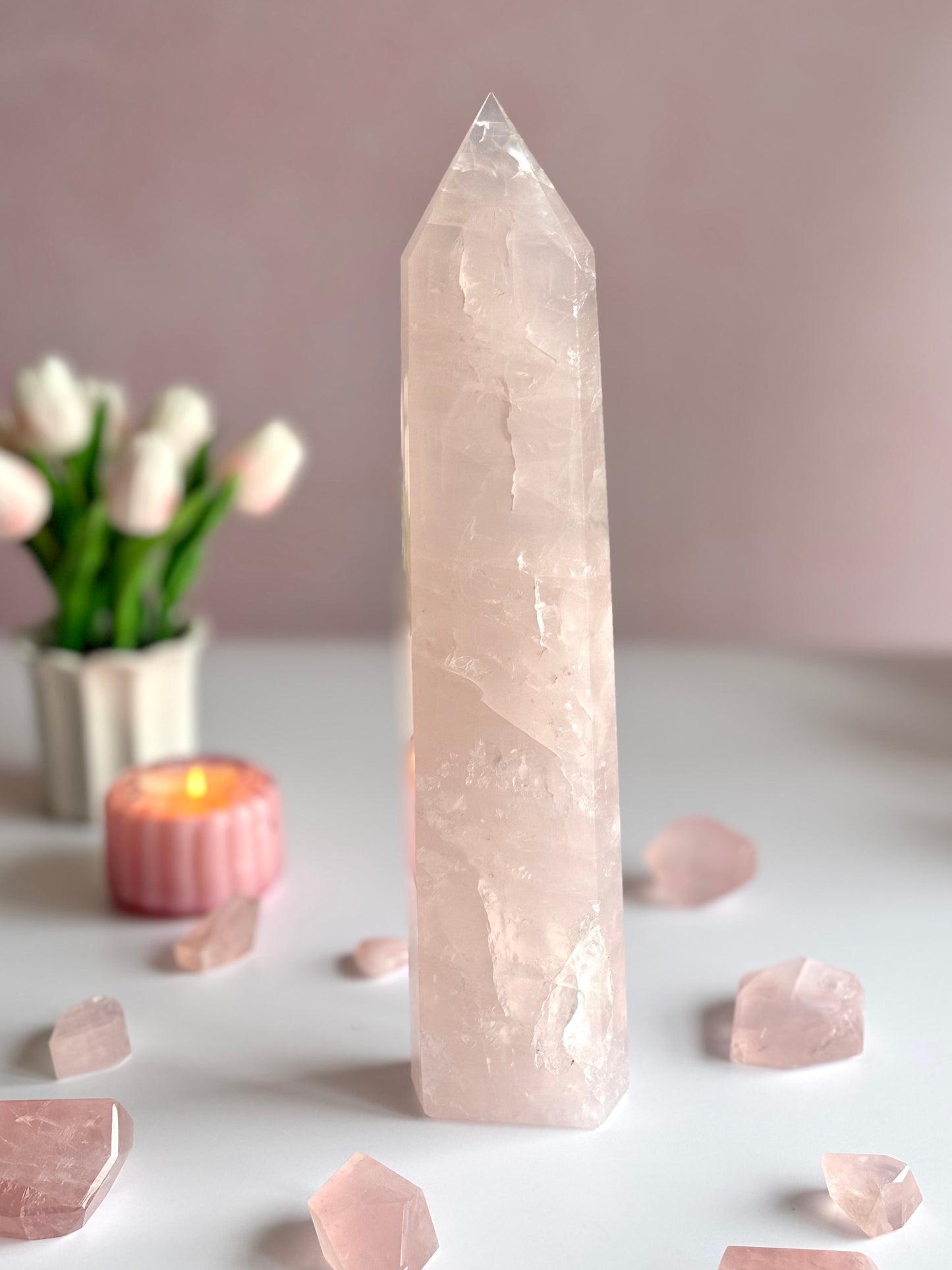 💗 Rose Quartz Tower – 13.5” Tall | 4 lb Statement Piece