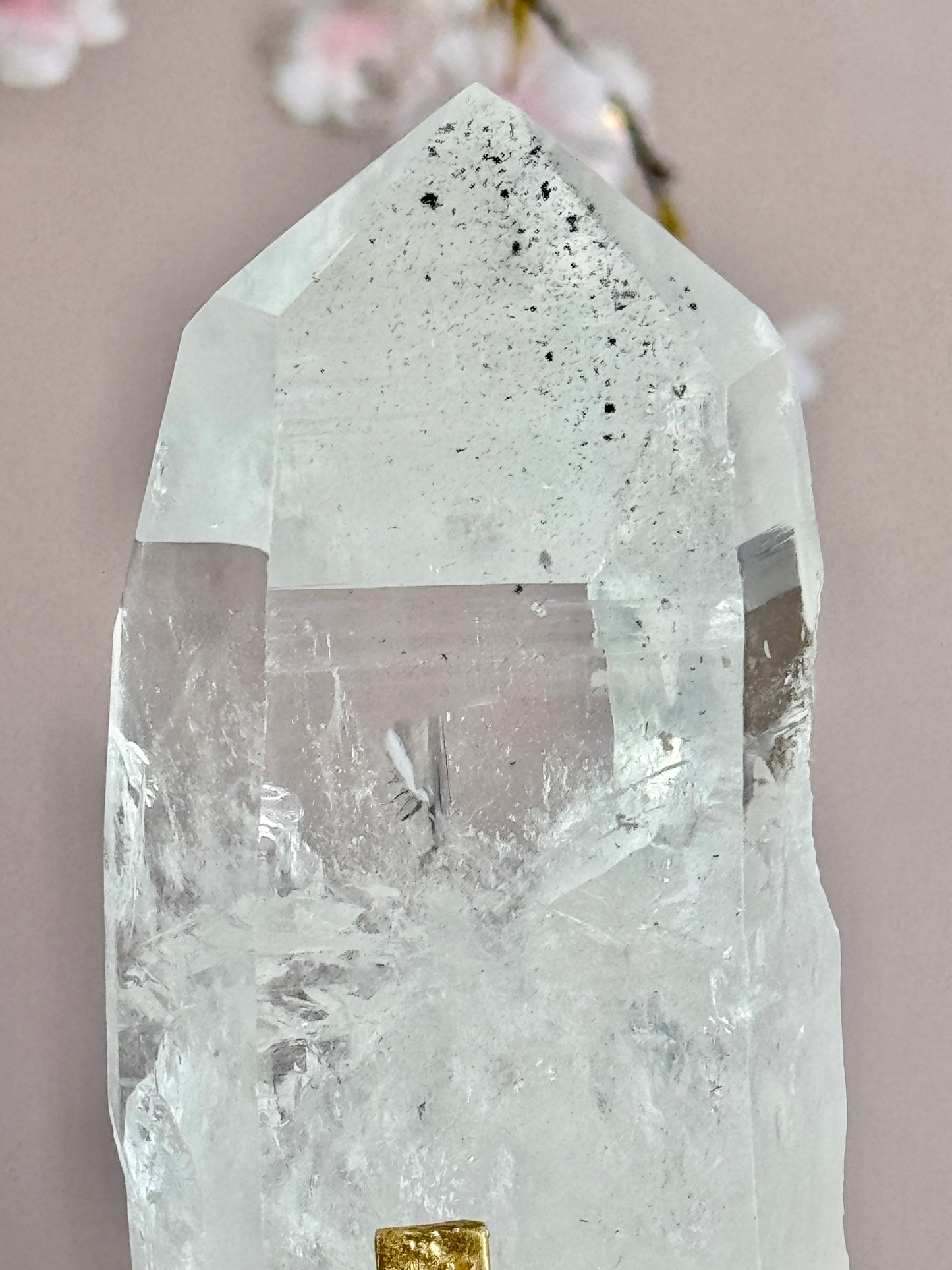 Lemurian Quartz with Black Tourmaline Inclusions  on Custom Gold Stand