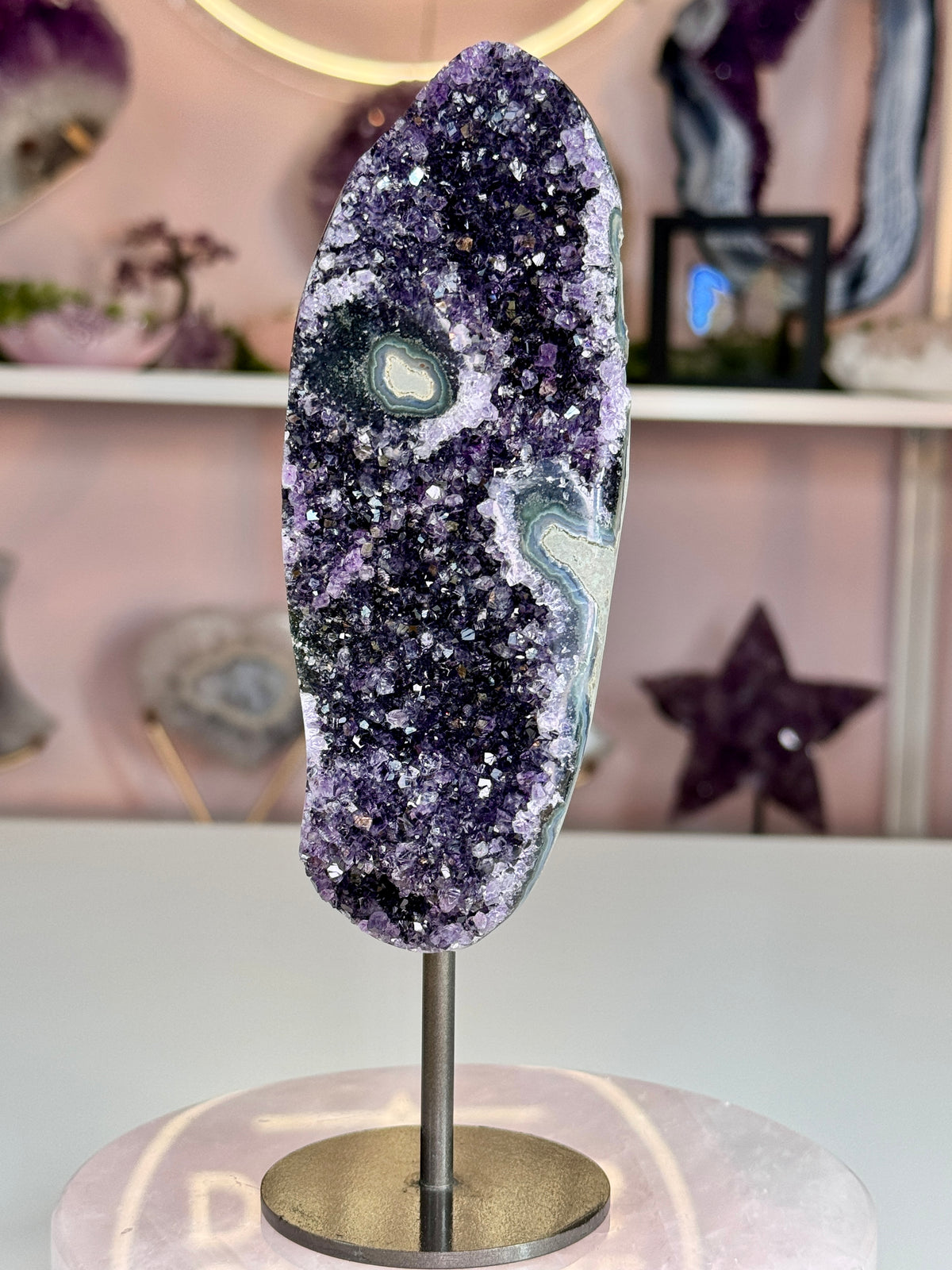 Uruguay Amethyst on Stand | Deep Purple Druzy with Agate Eyes