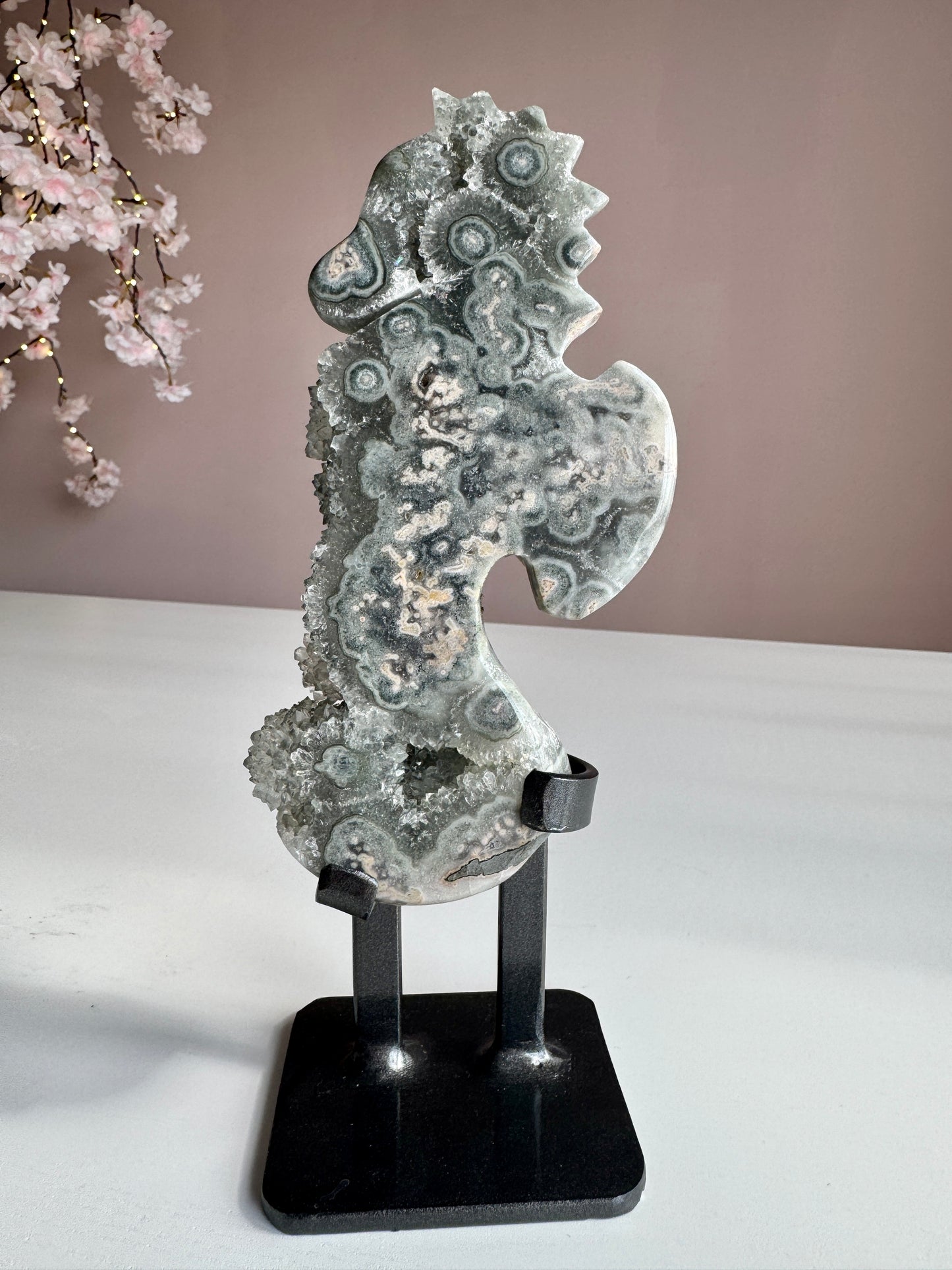 Green Amethyst Druzy Seahorse with Natural Stalactites