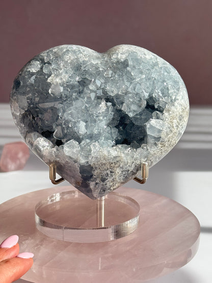 Celestite Heart Crystal | Sparkling Blue Celestite Heart on Stand