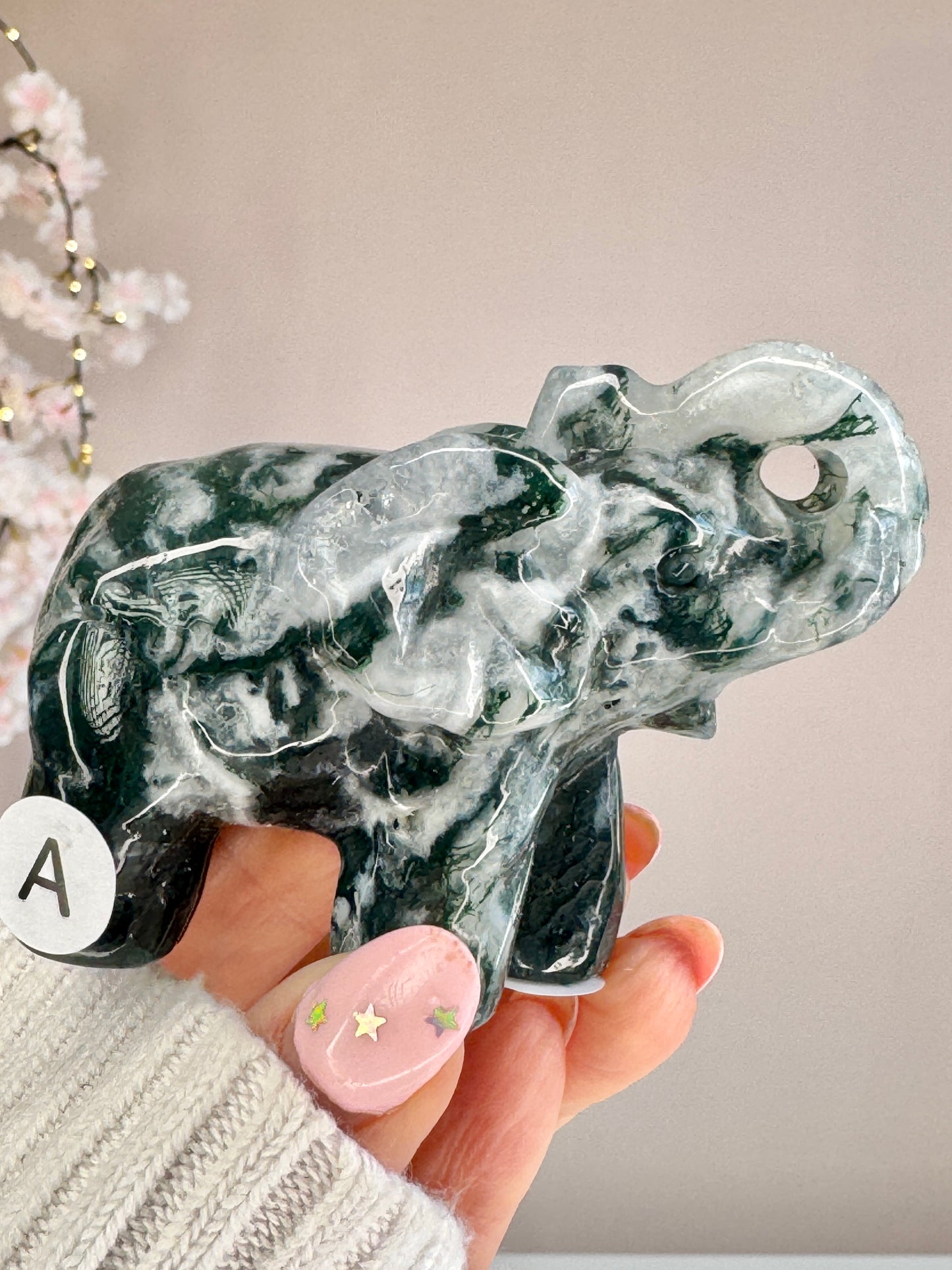 Hand Carved Moss Agate Elephant | Crystal Figurine | Choose Your Piece (A–K)