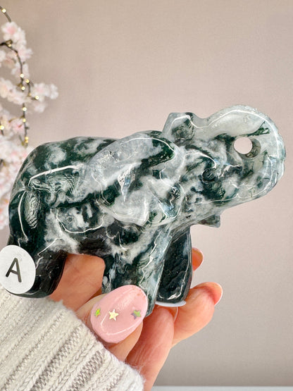 Hand Carved Moss Agate Elephant | Crystal Figurine | Choose Your Piece (A–K)