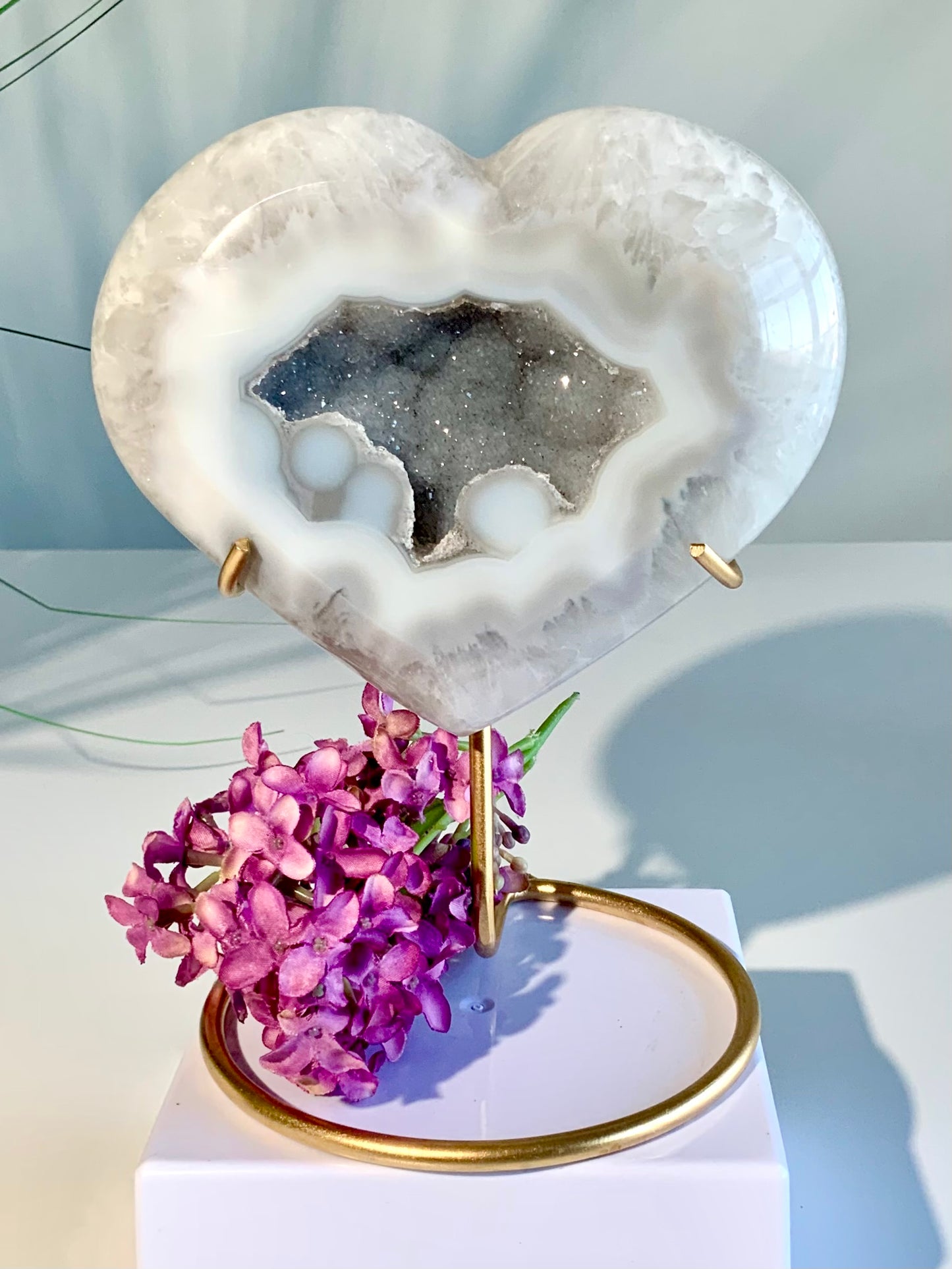 Beautiful Pale Blue Sugar Druzy Agate Heart on Custom Gold Stand