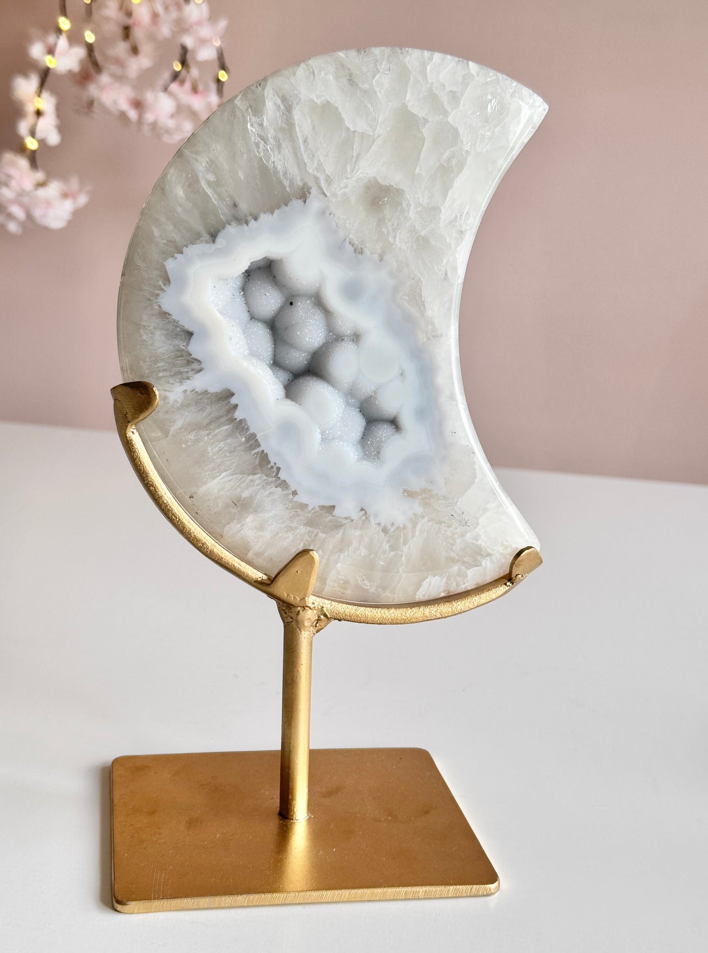Beautiful Blue Sugar Druzy Agate Crescent Moon on Custom Gold Stand
