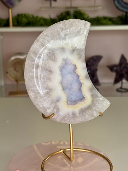 Beautiful Agate Crescent Moon with Lavender Druzy Center on Gold Stand
