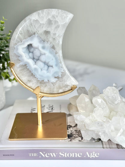 Agate Moon with Blue Sugar Druzy | Beautiful Natural Crystal Statement Piece