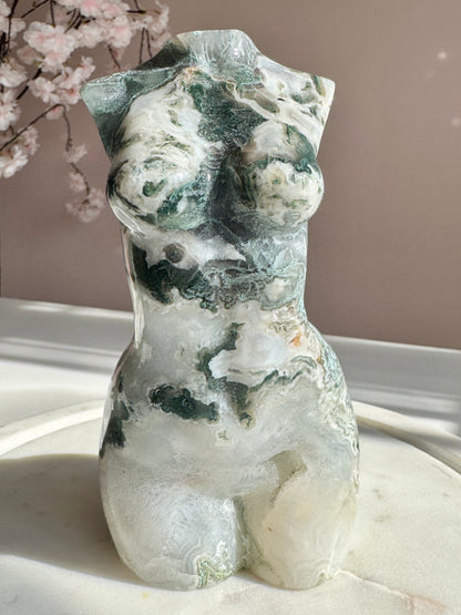 Large  Moss Agate Goddess Body Carving with Druzy | Divine Feminine Crystal Statue
