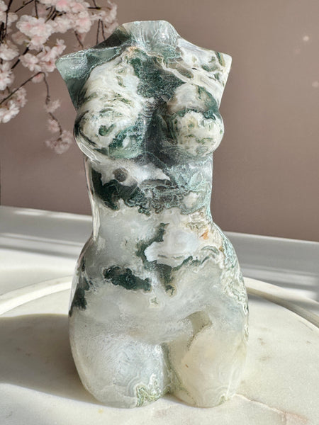 Large  Moss Agate Goddess Body Carving with Druzy | Divine Feminine Crystal Statue