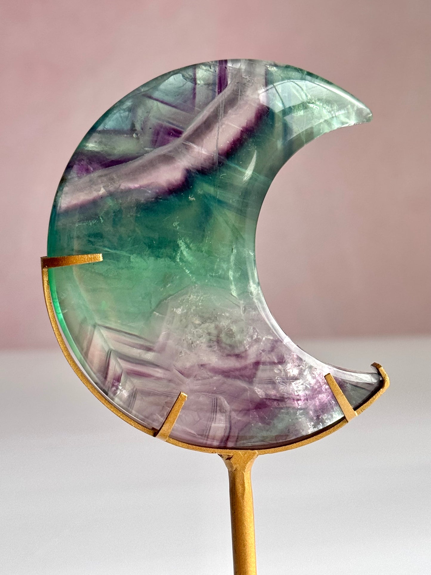 Dreamy Fluorite Moon on Custom Stand | Green & Purple Fluorite Crescent Moon