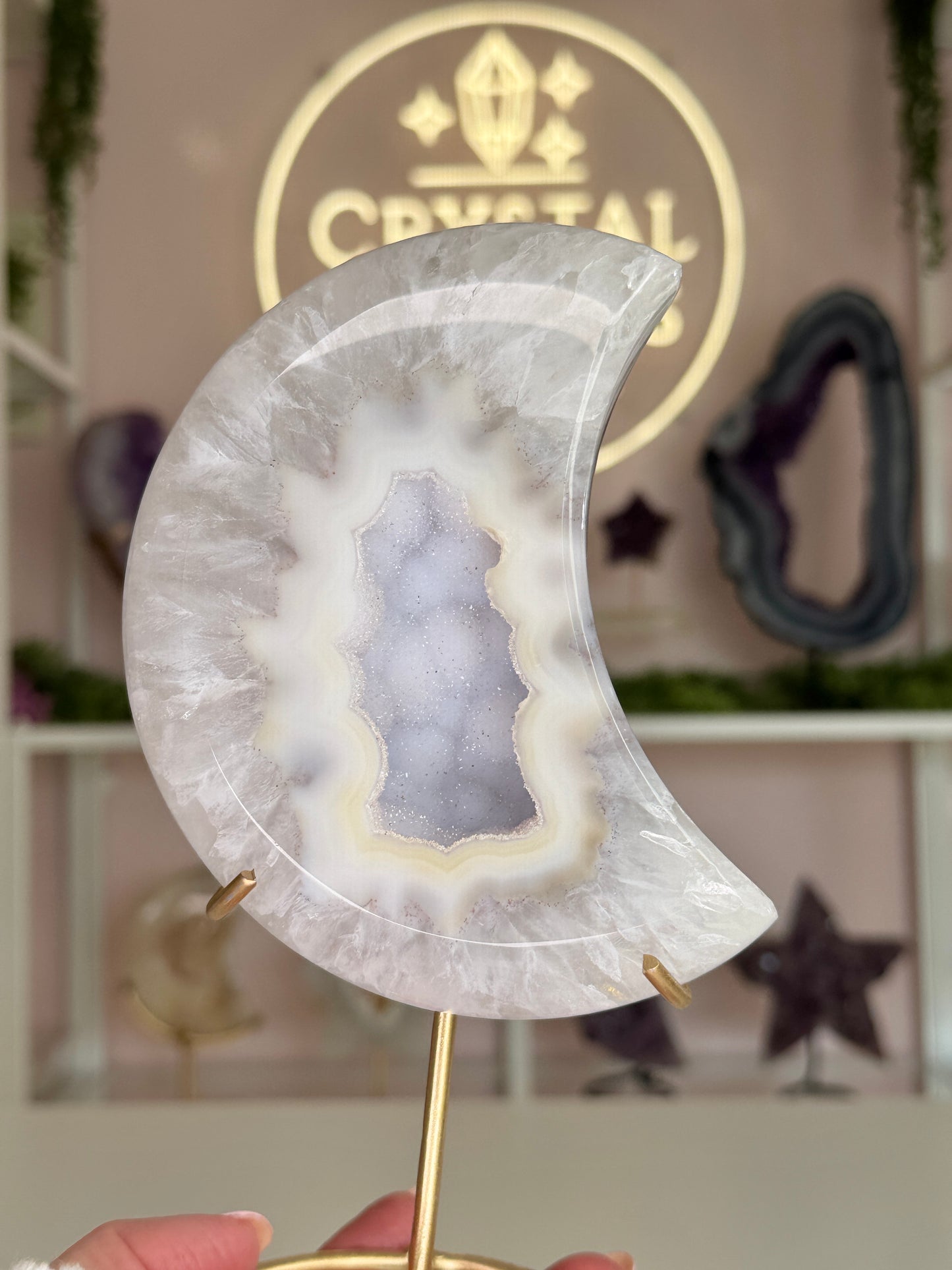 Beautiful Agate Crescent Moon with Lavender Druzy Center on Gold Stand